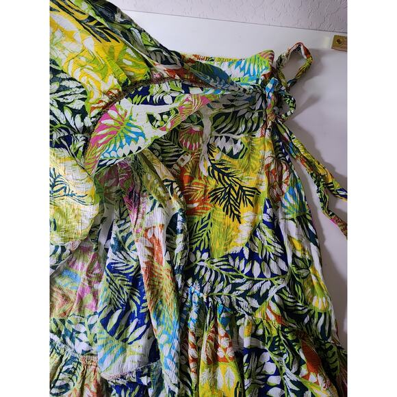 NICOLE MILLER Yellow Red Green Tropical Floral Vacation Faux Wrap Midi Skirt SZS - Picture 10 of 10
